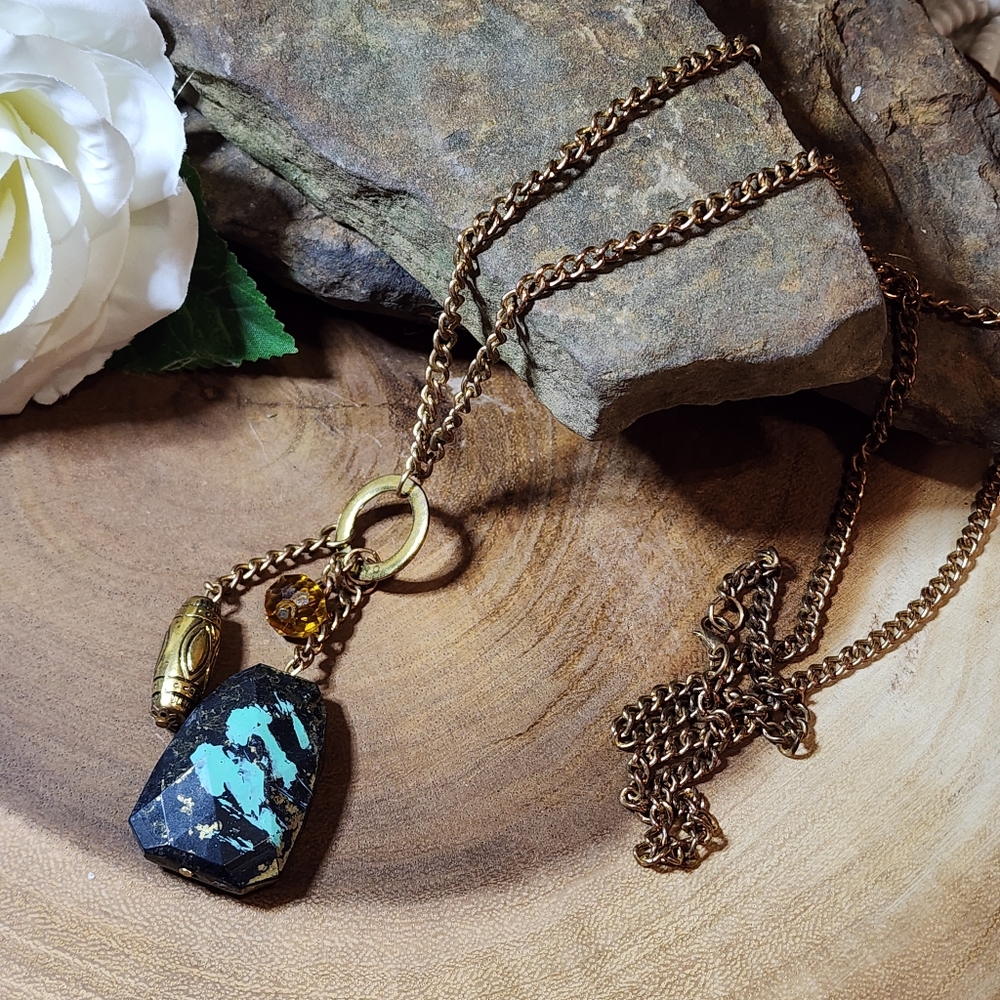 Vintage Long Chain Necklace With Pendant and Beaded Charms
